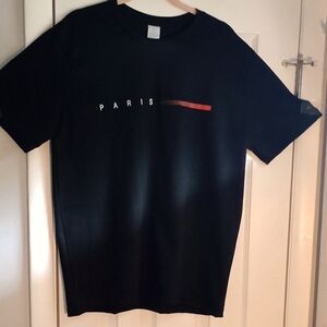 Paris Print Black Tee Shirt with Red Accent, Short Sleeves Round Neckline, New.
